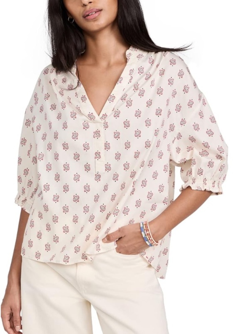 Xirena Cam Top White Drop Bandana Print Cotton Size XS Short Sleeve Blouse
